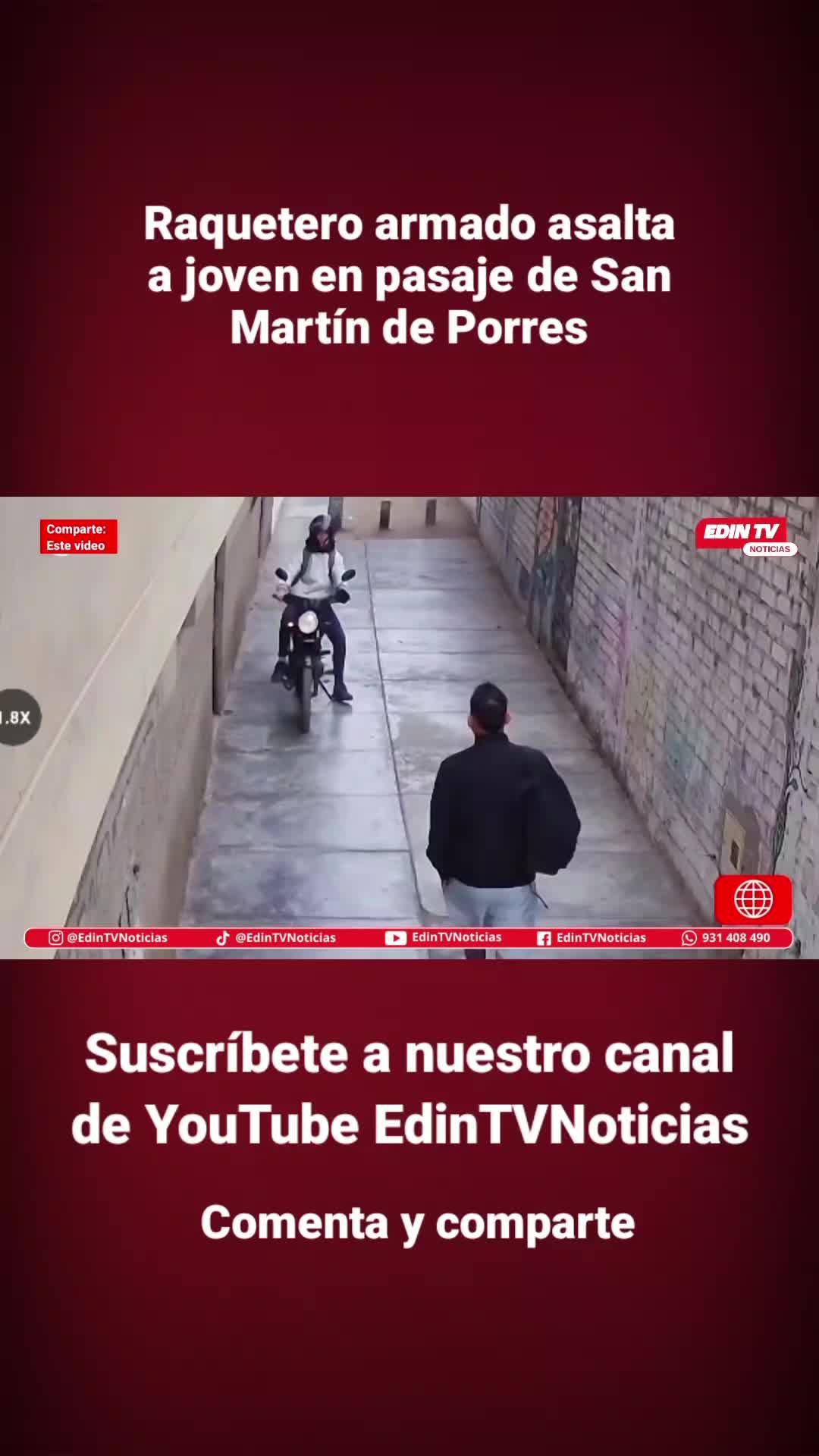 Un joven fue víctima de un violento asalto en un pasaje del distrito de San Martín de Porres. El delincuente, armado y con casco puesto, lo interceptó en plena vía para arrebatarle sus pertenencias. El robo fue captado por cámaras de seguridad instalad